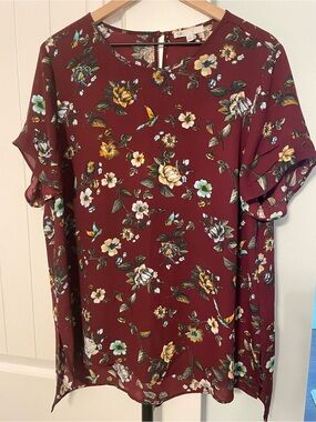 DR2 Burgundy Floral Ruffle Sleeve Top